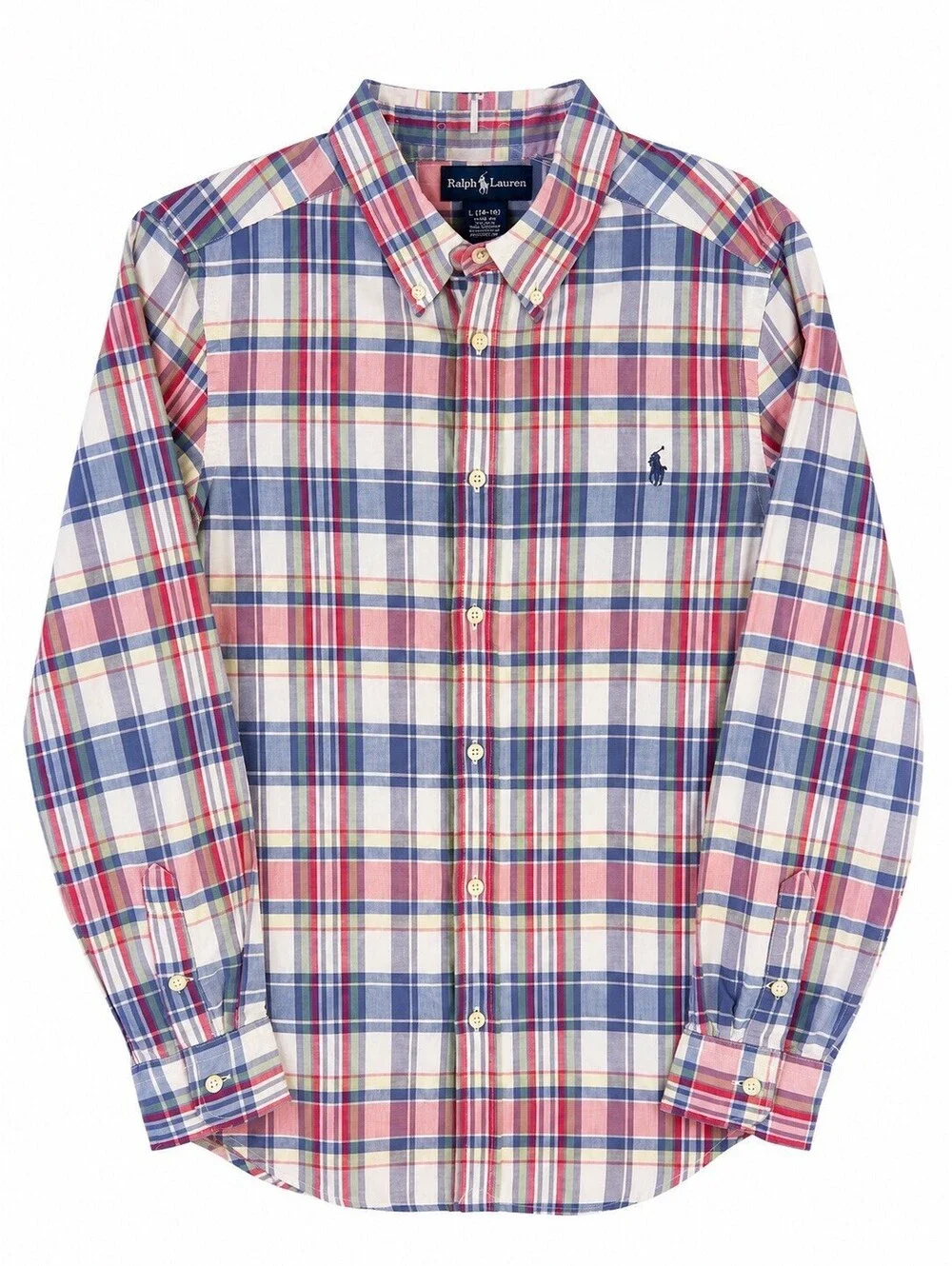 Polo Ralph Lauren Boys L 14-16 Plaid Button Down Shirt Blue Pink 100% Cotton